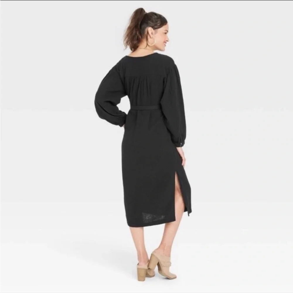 NWT Belted Balloon Sleeve Minimalist Boho Midi Dress 100% Cotton - Picture 3 of 4